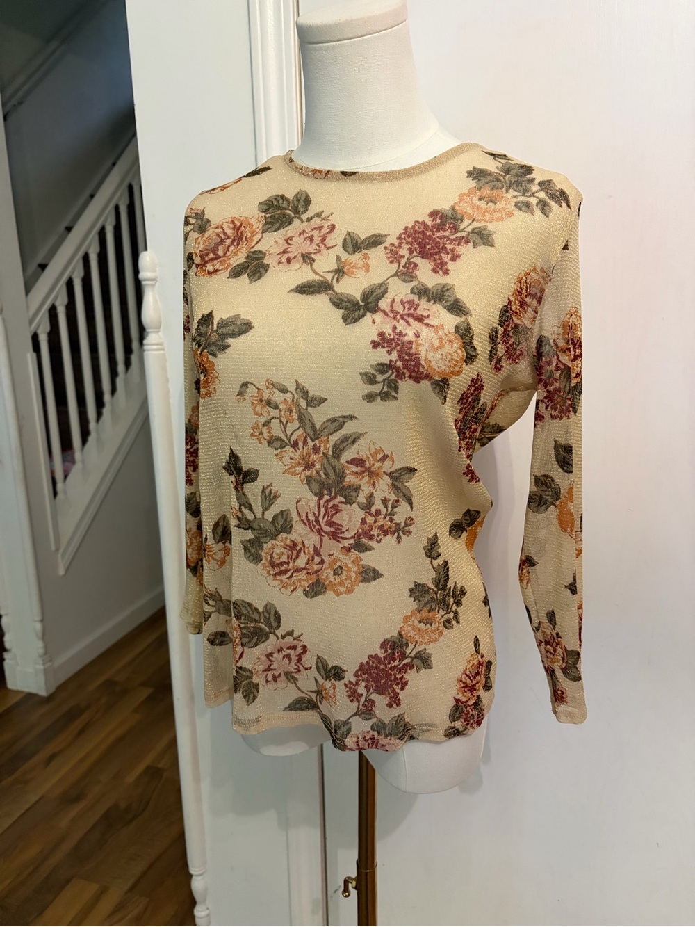 Floral Sheer Crewneck Mesh Cottagecore Boho Long Sleeve Earth Tones Shirt, Med